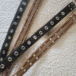 2 WOVEN ADJUSTABLE BELTS WITH GROMMETS S M L ROLLER BALL METAL BUCKLES B…